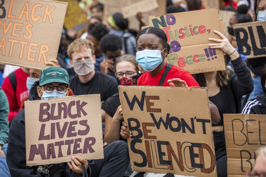 Black Lives Matter protest during Covid 19 lockdown, Hyde Park, London.